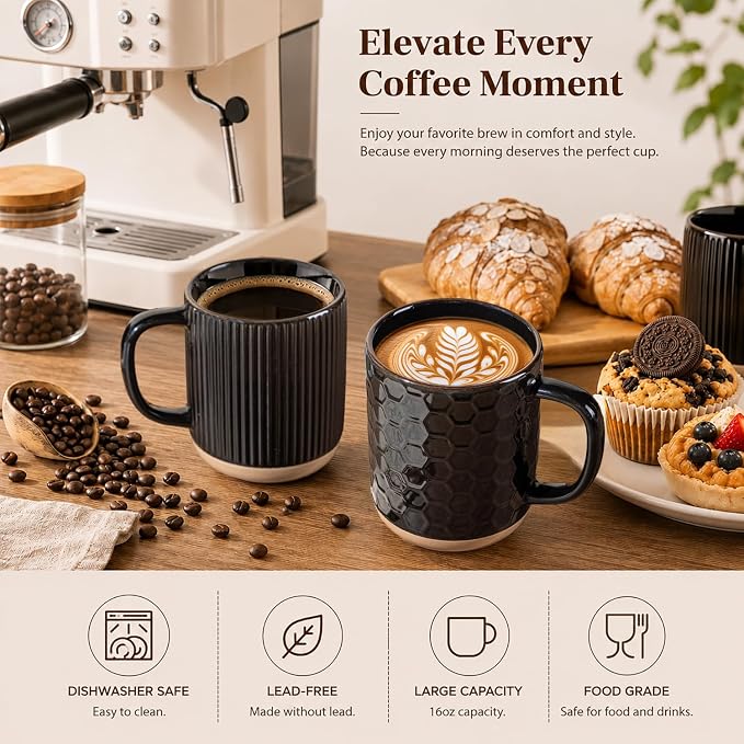 GBhome Large Coffee Mugs Set of 4, 16oz Handmade Stoneware Coffee Mugs Set with Large Handle for Cappuccino/Latte/Tea/Hot Cocoa, Dishwasher & Microwave Safe, Black - Image 5