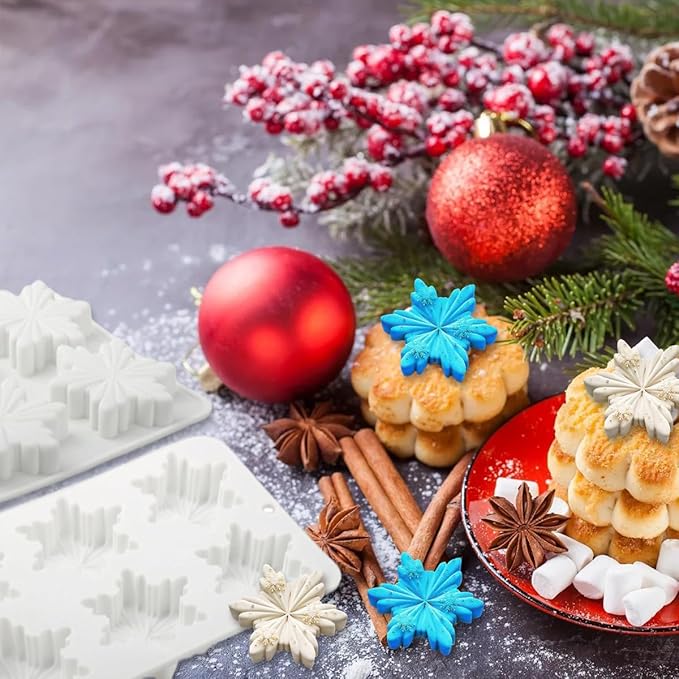 2 Pcs Snowflakes Silicone Chocolate Molds for Christmas Baking 3D Cake Pans Cookie Tray Candy Snowflake Ice Cube Molds for DIY Christmas Party Candle Bath Bomb Soaps Molds Decoration
