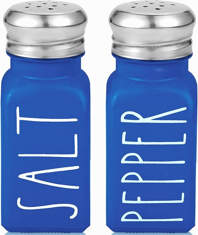 Blue Salt and Pepper Shakers Set by Brighter Barns - Cute Glass Shakers with Stainless Steel Lids - Modern Farmhouse Kitchen Decor and Accessories for Home, Restaurants, Hotel, Vacation Rental (Blue) by BrighterBarns