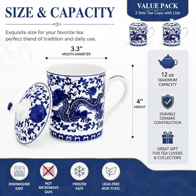 Peohud Set of 2 Porcelain Chinese Tea Cup with Lid, 12 Oz Bone China Coffee Tea Mug for Travel Home Office, Dishwasher Safe, Blue Dragon - Image 2