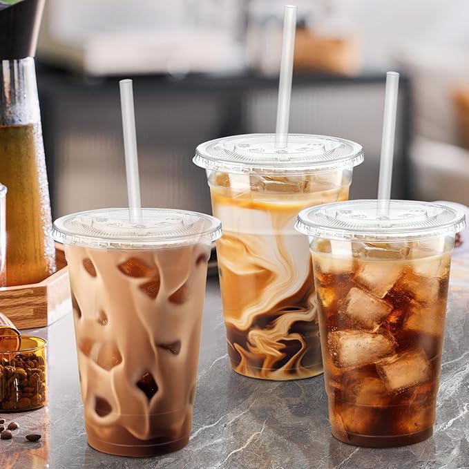16 oz 50 Pack Plastic Cups with Lids and Straws, Sturdy Food Safe Iced Clear Coffee Cups Disposable Smoothie Cups for Cold Drinks