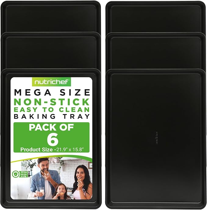 NutriChef Nonstick XL Cookie Sheet Baking Pan - 22" x 16" - Durable Carbon Steel, PFOA Free, Dishwasher Safe, Perfect for Cookies, Cakes, Lasagna, and More - 6 PACK by NutriChef%E2%84%A2Kitchen