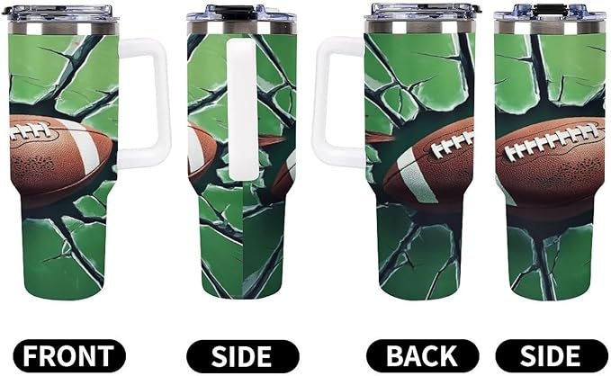 Football Impact on Cracked Glass Tumbler with Handle Insulated Water Travel Coffee Mug Bottle with Lid And Straw Stainless Steel Leak Proof Vacuum Insulated Cup 40 OZ