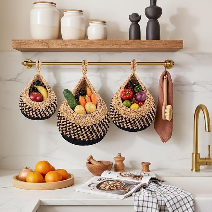 Honeydak Boho Decor Hanging Wall Baskets for Kitchen 3 Pack Teardrop Baskets with Hooks Storage Fruit Onion Vegetable Potato for Home 3 Sizes(Linen with Black,Teardrop,Cotton Rope) - Image 6