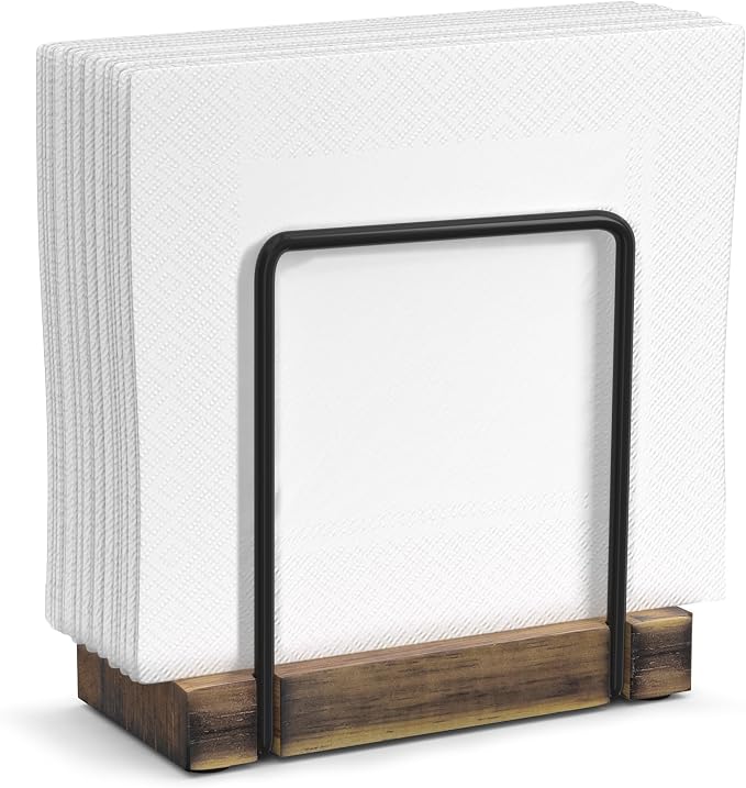 Wican Napkin Holder for Table, Wood Iron Standing Napkin Dispenser | Dining Table Farmhouse Cocktail Picnic Rustic Wooden Holders, Suitable All Kitchen Dining Room Decor, Black & Farmhouse Brown by Wican