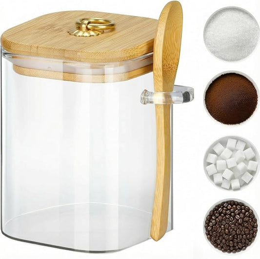 Glass Jars with Bamboo Lids and Spoons, 16 oz Glass Storage Containers | Dry Food Storage Sugar, Coffee, Nuts, Cookie, Candy, Tea, Airtight Kitchen Canisters Spice Jars by Holoith