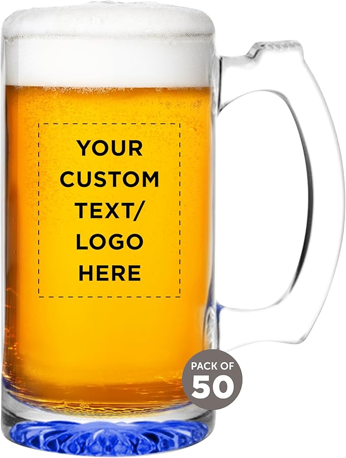 50 Libbey Beer Mugs Set, 12 oz. - Customizable Text, Logo - Groomsmen Glassware - Blue