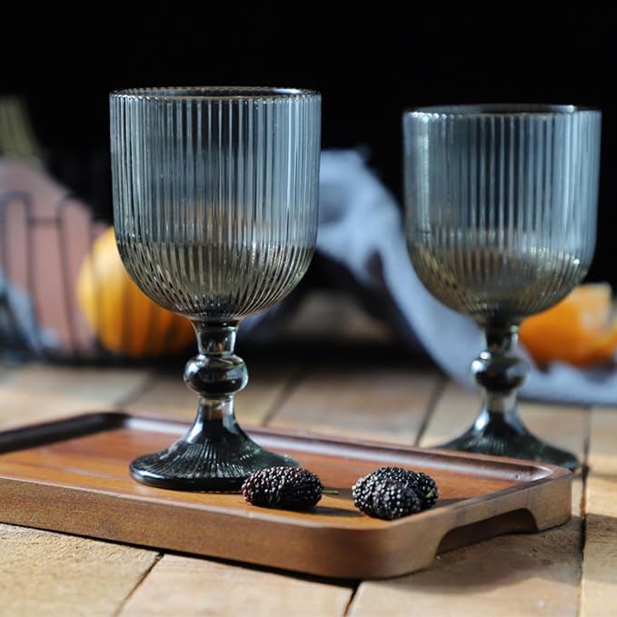Vintage Wine Glasses Set of 6, 11 Ounces Colored Glass Water Goblets, Unique Embossed Pattern High Clear Stemmed Glassware Wedding Party Bar Glass Drinking Cups Fancy Glasses Vertical Line Grey - Image 2