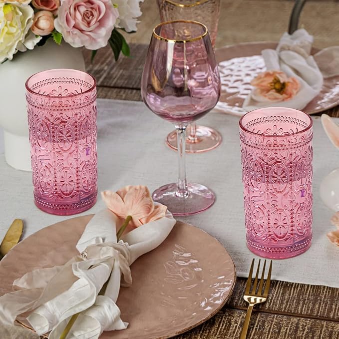 Darlion Vintage Glassware, Pink Glasses Drinking, 12oz Highball Glasses | Lead-Free Glass, Food Grade Glass, Durable&Sturdy, Vintage Decoration - Image 8