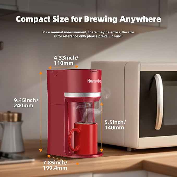 Horavie Mini Single Serve Coffee Maker for K-Cup Pods and Grounds, Fast Brew One Cup Coffee Machine with Descaling Reminder and Water Window, 6 to 12 oz. Brew Sizes, Red - Image 6