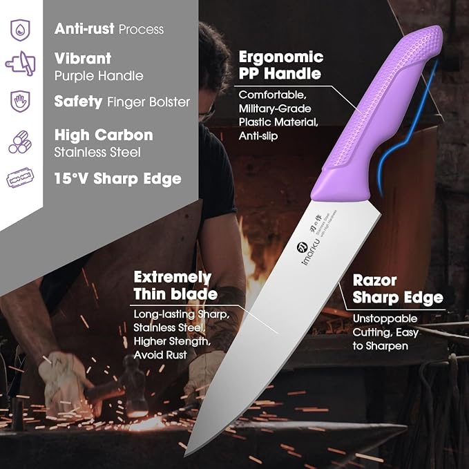 imarku® Kitchen Knife Set, Sharp Knives Set with Built-in Sharpener, Stainless Steel Block Knife Set and Non-Slip Ergonomic Handle, Dishwasher Safe, 14 PCS Professional Knife Set for Gift, Lavender - Image 3