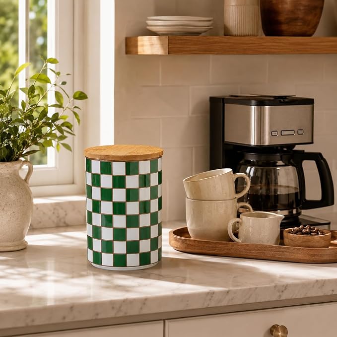 Kitchen Countertop Ceramic Checkered Canisters,Black And White Food Storage Containers With Lid,Airtight Kitchen Canisters for Flour, Sugar, Coffee, Tea, and Dry Goods (Green, XL) - Image 8