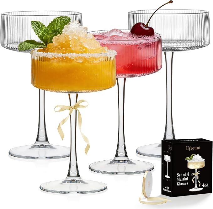4 Pcs Ribbed Coupe Glasses, 10 oz Vintage Martini Glasses | Elegant Cocktail Glassware Gift Set, Espresso Martini, Wine, Champagne, Home Bar, Parties by Ufrount
