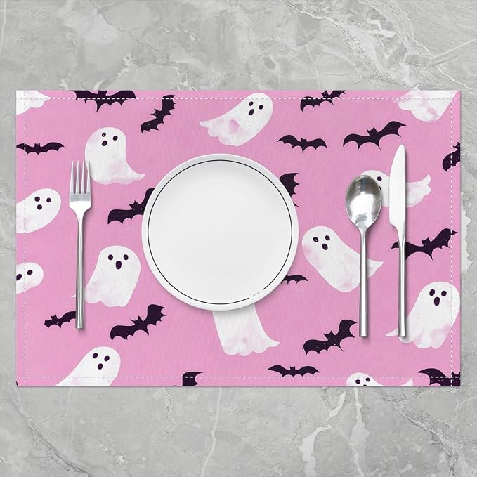 Feelyou Happy Halloween Placemats Set of 4 Cute Ghost Table Mats for Party Kitchen Dining Decoration Holiday Seasonal Pink White Place Mat for Dinner Table Indoor Outdoor 18"x12" Bats Pattern Decor - Image 2