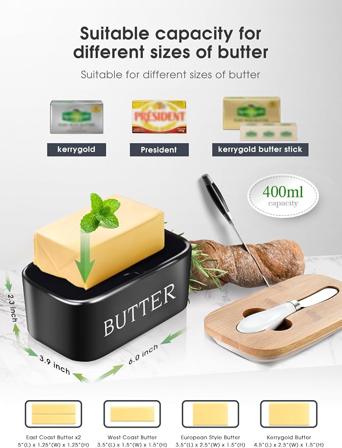 Ceramic Butter Dish with Lid and Knife & Silicone Seal 400ml 2 Pack Black | Suitable Capacity, Great Sealing, Home Decor Kitchen Gift Housewarming Gift - Image 2