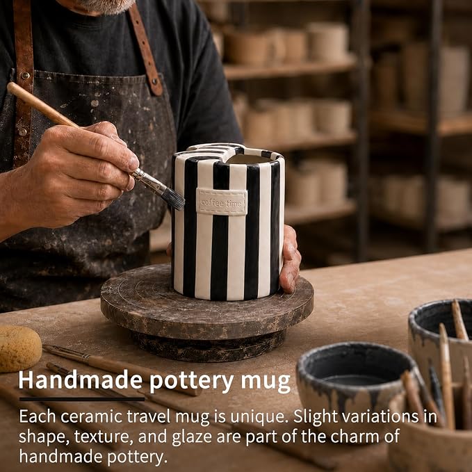 Ceramic Coffee Mug with Half Lid, 12oz To Go Coffee Mug, Handcrafted Striped Glazed Ceramic Coffee Mug with Dual Sip Lid for Hot and Cold Drinks, Black - Image 4