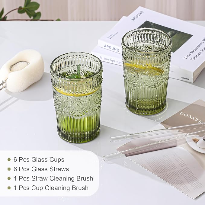 ZMOWIPDL Drinking Glasses Set of 6,13oz Flower Design Green Glass Cups | Vintage Glassware,Textured Tumblers,Embossed Striped Drinkware for Water,Cocktails,Juice,Iced Coffee - Image 5