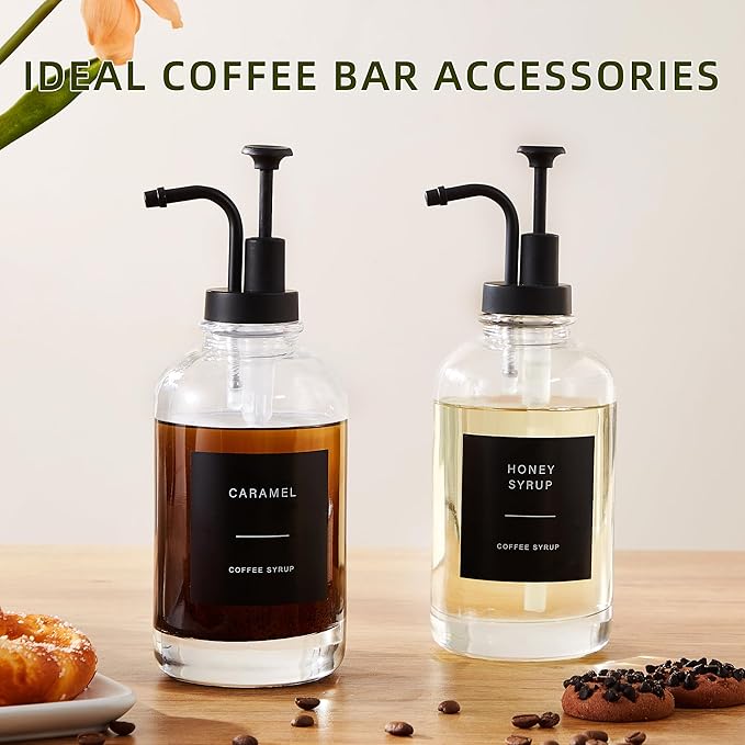 Coffee Syrup Dispensers for Coffee Bar(Set of 4),Coffee Syrup Pump Dispenser for Coffee Bar Accessories,16.9 oz Glass Syrup Dispenser with 36 Labels,Coffee Syrup Bottles with Matte Black Pump