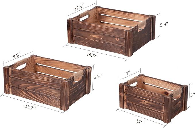 TIMRIS Set of 3 Rustic Wood Nesting Crates, Farmhouse Wooden Storage Container Boxes with Cutout Handles, Decorative Wooden Baskets for Display (Rustic Brown) - Image 7