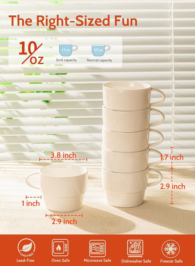Sweese 10 oz Stackable Porcelain Coffee Mugs, Set of 6, White | stackable mugs for Cappuccino, Mocha, Tea - Dishwasher Friendly – Ideal for Home and Café, White - Image 2