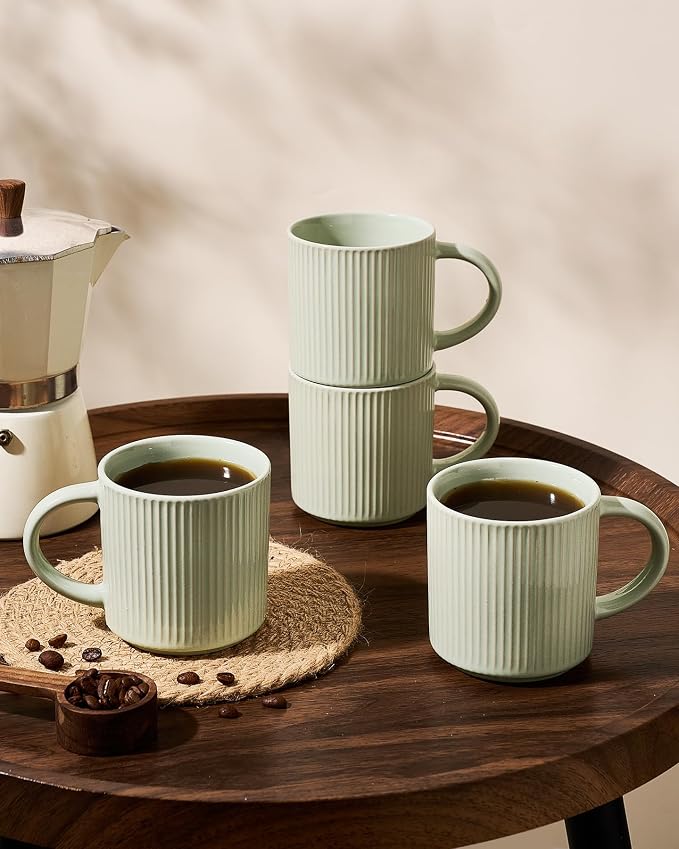 famiware Coffee Mug Set for 4, Star 12 oz Catering Mugs Cup Set with Handle for Coffee, Tea, Cocoa, Milk- Ceramic Stoneware Drinkware Set, Light Green - Image 3