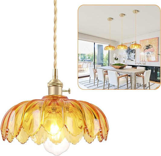 Kitchen Island Pendant Lights, E26 Nordic Pendant Lamp 10.3“ Small Vintage Style Amber Glass Hanging Lighting Fixtures Over Dining Room Table for Bedroom,Bar,Over Sink UL Certified Lighting by Ourifu