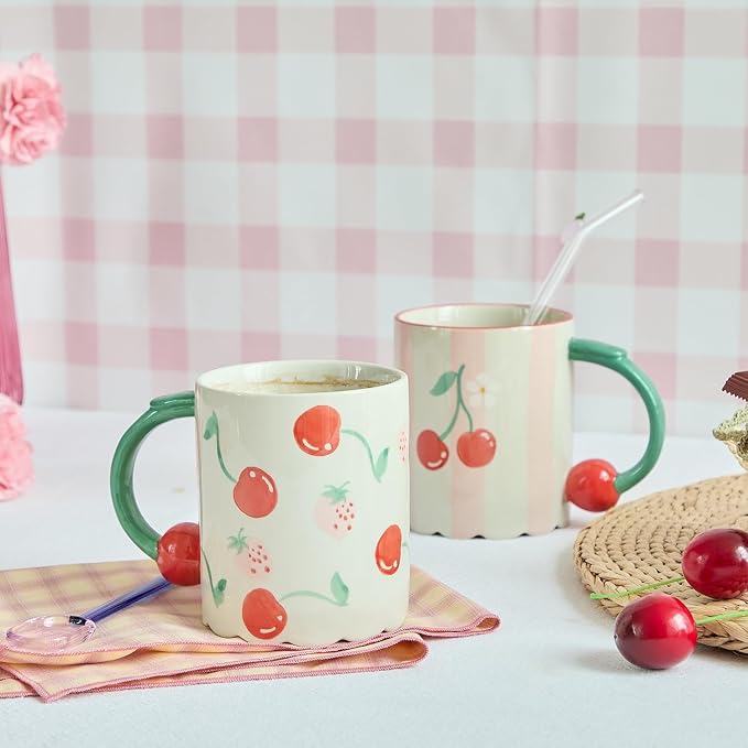 15oz Hand Painted Mug with 3D Cherry Handle - Strawberry & Cherry Pattern. Lead-Free, Microwave/Dishwasher Safe. Aesthetic Coffee Tea Cup Gift for Women & Girls-2pack - Image 2