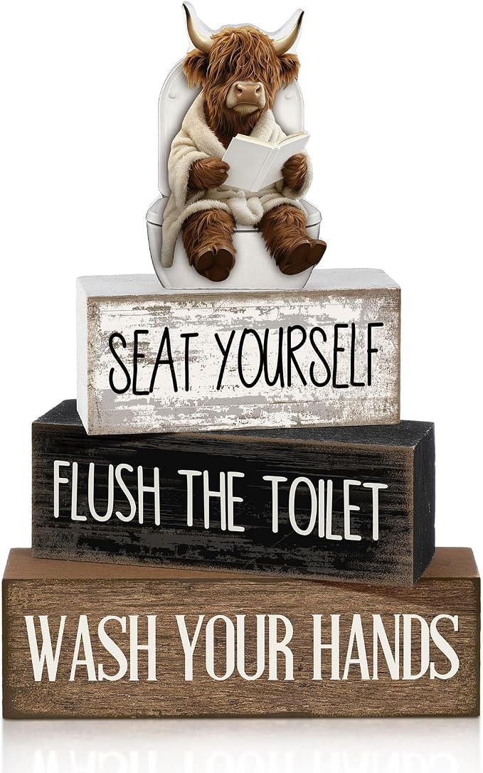 Moucuny 4 Pcs Highland Cow Bathroom Decor Set Funny Rustic Wooden Tiered Tray Signs with Highland Cow Toilet Figurine, Farmhouse Bathroom Shelf Decor, Etiquette Reminders for Restroom Toilet Vanity by Moucuny