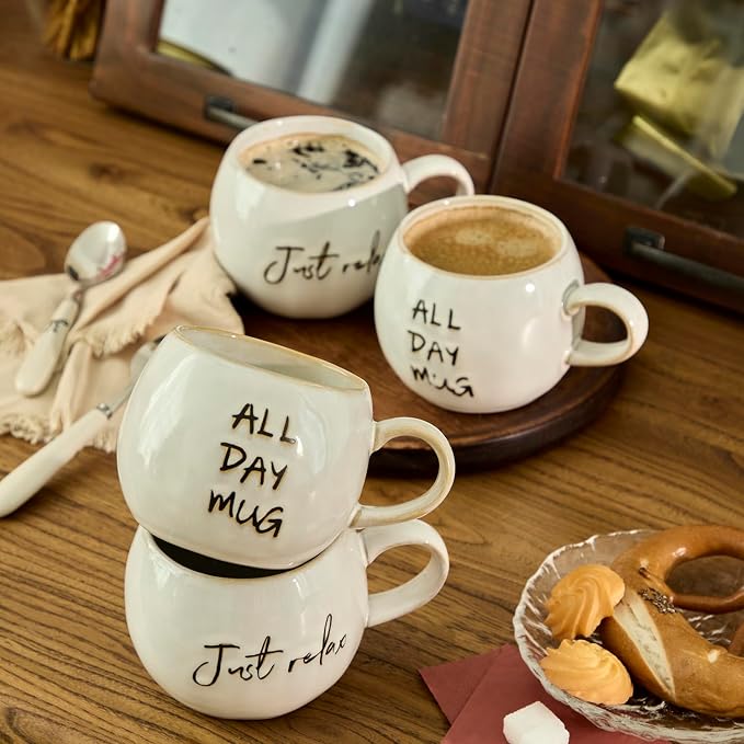 Ceramic Coffee Mugs Set, Just Relax and All Day Design, large capacity heat-resistant handle, Great for Tea Hot Chocolate, Microwave Safe, Modern, Unique Style for Any Kitchen-4pack - Image 8