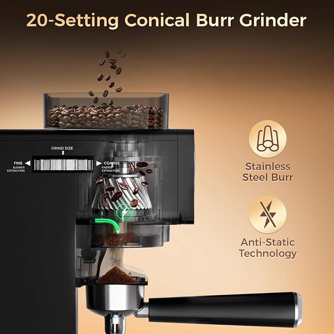 CHULUX Nero 20Bar Espresso Machine with Conical Burr Grinder for Cappuccino | Hot and Iced Espresso, 4-in-1 Brewing Function, Real-Time Pressure and Temp, Steam Wand for Microfoam, Home Barista Brewing - Image 5