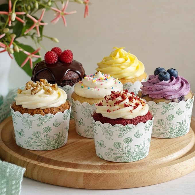 Qinyoung 150 Pcs Sage Green Floral Cupcake Wrappers Liners Chinoiserie Green Wildflower Paper Baking Cups Cupcake Disposable Cottagecore Muffin Cases for Wedding Baby Shower Birthday Tea Party Decor - Image 4
