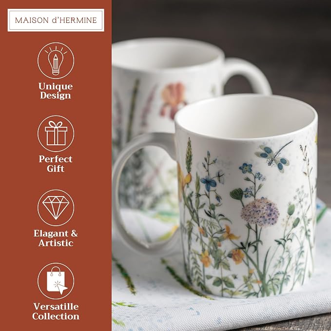 Maison d' Hermine Coffee Mug with Handles Tea Cups (12 Ounce, Pack of 2) | Fine Bone China Coffee Mugs for Hot Beverages Cappuccino Latte Home Restaurant Hotel Spring Summer -Fleurs De Mai - Image 2