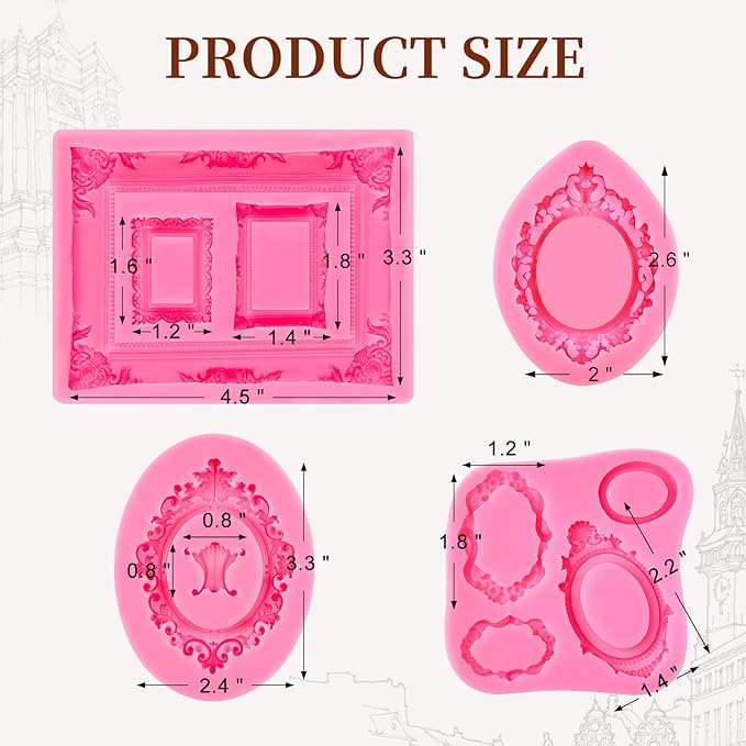 4 Pcs Photo Frame Silicone Molds, Baroque Style Picture Photo Frames and Mirrors Fondant Molds for Cupcake Topper, Chocolate, Candy, Donut Cake Puck Decoration and Clay Craft Making