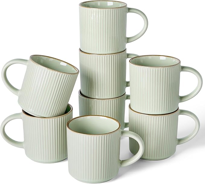 famiware Star Coffee Mug Set for 8, Handcrafted 12 oz Ceramic Stoneware Mugs Cup Set, Chip-Resistant & Stackable, Dishwasher/Microwave Safe, Light Green by Famiware