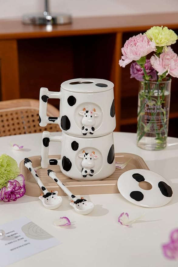 DIHOclub Adorable 3D Ceramic Cow Mug with Lid and Spoon - Perfect for Coffee, Tea, Milk, and More - Ideal Gift for Animal Lovers Gift for Mather- 14 Ounces(BLack white) - Image 5