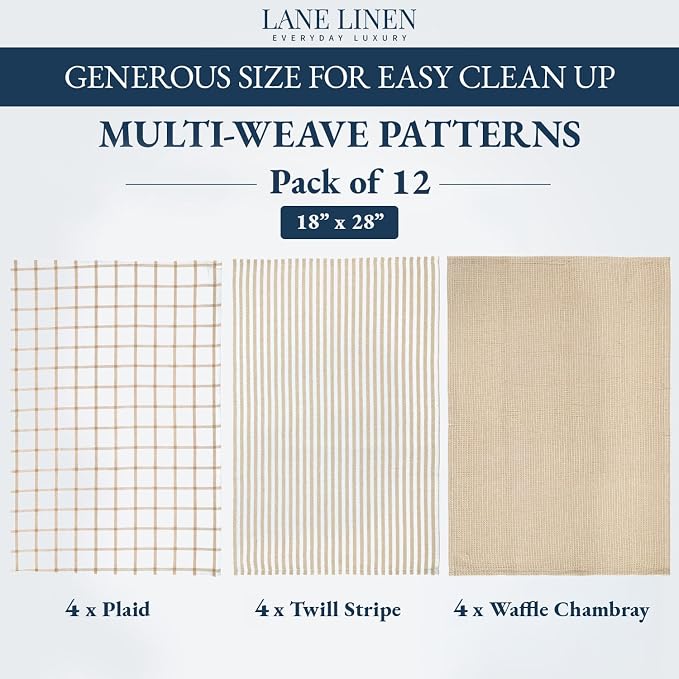 LANE LINEN Kitchen Towels & Dishcloths Set of 12-100% Cotton, Quick-Drying 18” x 28” Absorbent Dish & Tea Towels, Soft Hand Towels for Kitchen - Beige - Image 3