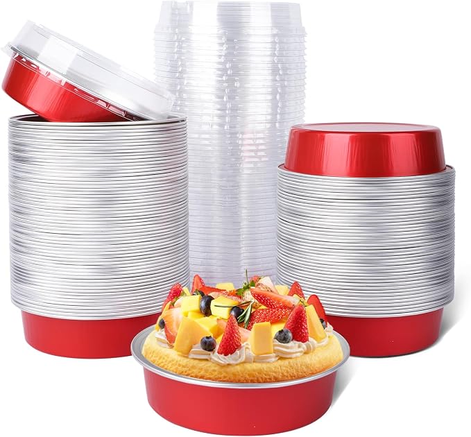 Beasea 4 Inch Disposable Tart Pans with Lids, 120 Pack 8oz Mini Pie Tins Creme Brulee Ramekins Bright Red Aluminum Foil Pie Tart Cake Baking Pans Individual Round Containers Oven Safe for Baking by Beasea