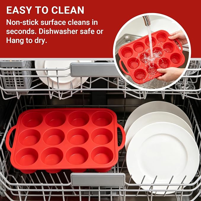 Redfly Silicone Muffin Pans for Baking 12 Cup with Metal Reinforced Frame, Nonstick 2Pack Regular Size Cupcake Pan, BPA Free Food Grade, Easy Release, Dishwasher Oven Freezer Safe for Egg Bite Molds - Image 6