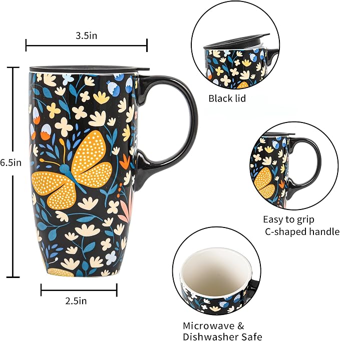Topadorn 17oz Ceramic Travel Mug, Butterfly Coffee Mug with Gift Box | Large Floral Coffee Cup, Microwave & Dishwasher Safe Ceramic Travel Cup, Butterfly - Image 2
