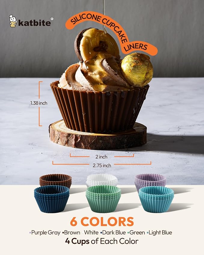 Katbite Silicone Cupcake Liners 24 Pack, Reusable Muffin Baking Cups | Heavy Duty, Non-Stick, Food-Grade Soft Pale Cupcake Holders for Party, Halloween, Christmas - Image 3