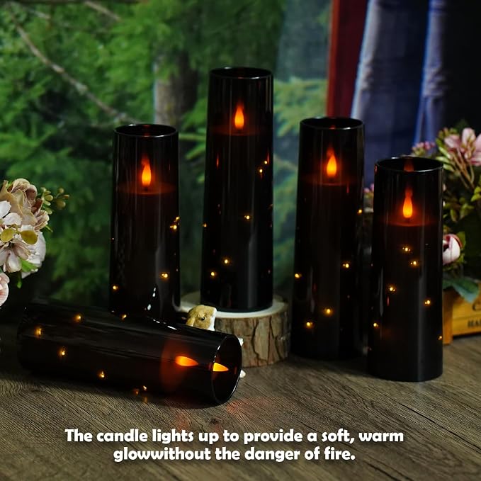 Sasigeiaa Flameless Candles with Embedded Star String - Battery Operated LED Candles, with Remote,12 Black Flickering Candles for Christmas, Weddings, Home Decor & Party,(D 2.3"×H 5" 6" 7") - Image 5