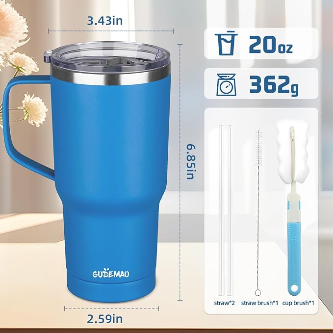 20 oz Insulated Coffee Mug with Ceramic Coating, Stainless Steel Travel Mug Tumbler with Handle Lid and Straw, Double Wall Leak-Proof Coffee Travel Mug Keeps Drink Hot and Cold (Blue) - Image 2