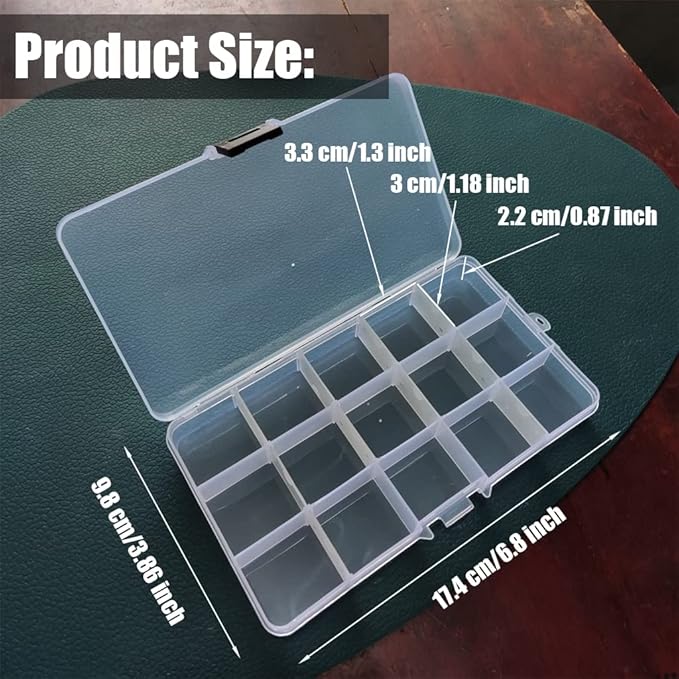 4 Pcs 15 Grids Clear Organizer Box Plastic Storage Container with Adjustable Dividers for Electronics Jewelry Beads Art DIY Crafts Fishing Small Parts