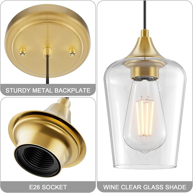 Ralbay Farmhouse Brushed Gold Pendant Light 2-Pack, Pendant Light Fixtures with Wine Clear Glass Shade, Kitchen Island Lighting for Dining Room, Rustic Adjustable Hanging Lighting Fixture - Image 6