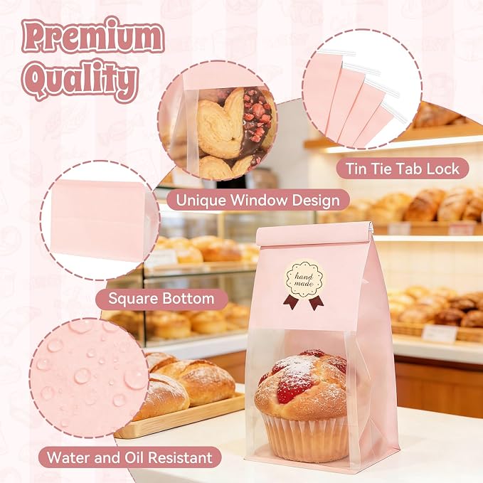 100 Cookie Bags with Seal, Resealable Bakery Bags with Window, Pink Paper Treat Bags for Packaging Pastry, Muffin, Cookie, Baked Goods, Included 120 Handmade Stickers - Image 3