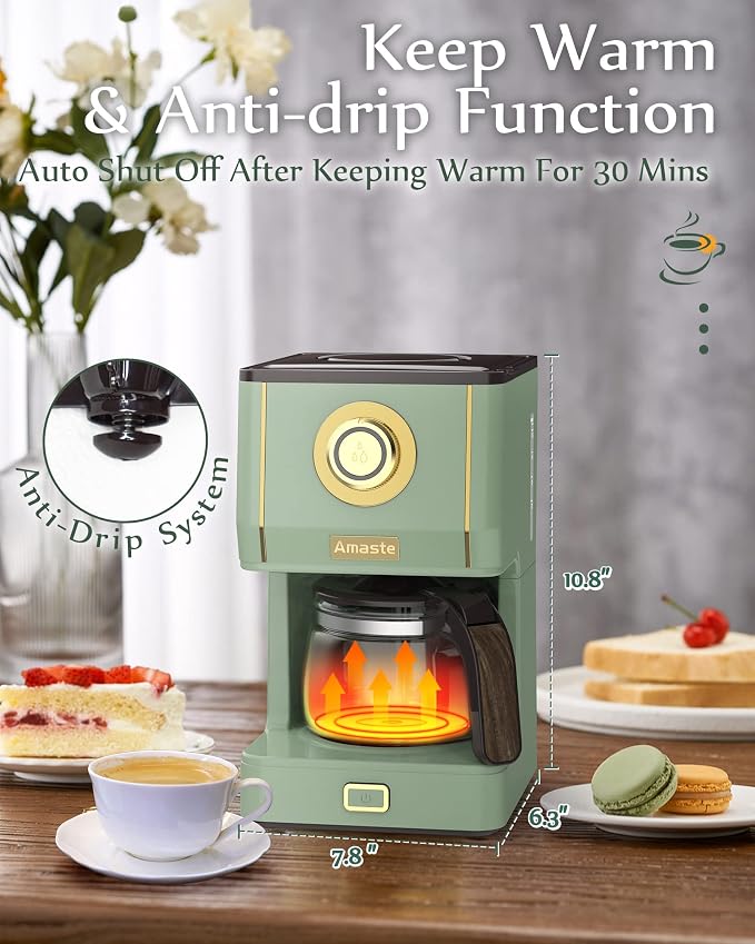 Amaste Drip Coffee Maker, Coffee Machine with 25 Oz Glass Coffee Pot, Retro Style Coffee Maker with Reusable Filter & Three Brewing Modes, Collapsible Silicone Coffee Cup,Warming Plate, Matcha Green - Image 6