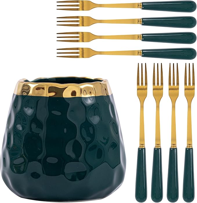 Dessert Fork Set,Ceramic Jar with 8 Small Forks for Fruit,Salad,Appetizer,Cake,Flatware Set (Emerald jar+8 forks)