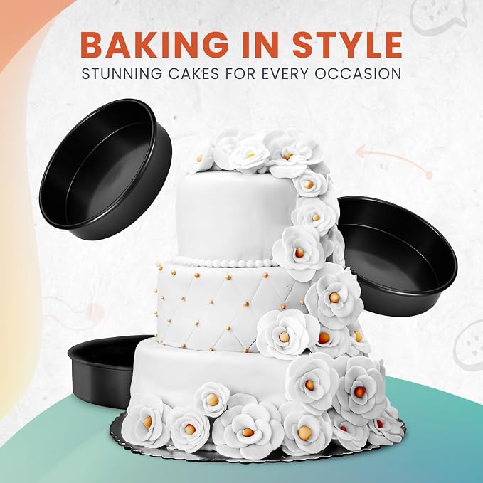 RFAQK Round Cake Pan Set of 3 Non-stick Cheesecake Pan, Leakproof Cake Pans Sets for Baking Includes 3 Round Cake Pans (6" 8" 10") with 60Pcs Parchment Paper Liners, Black - Image 4