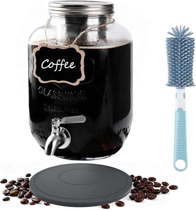 Cold Brew Coffee Maker With Silicone Mat, 1 Gallon Glass Pitcher with Stainless Steel Filter & Spigot - Large Iced Coffee & Tea Maker for Home, Easy to Use & Clean
