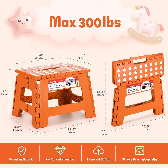 ACSTEP Folding Step Stool 9 Inch for Kids and Adults, 300 lbs, Orange | Lightweight Plastic Small Foldable Step Stool with Handle, Non-Slip, for Kitchen, Bathroom, Bedroom and Closet - Image 4